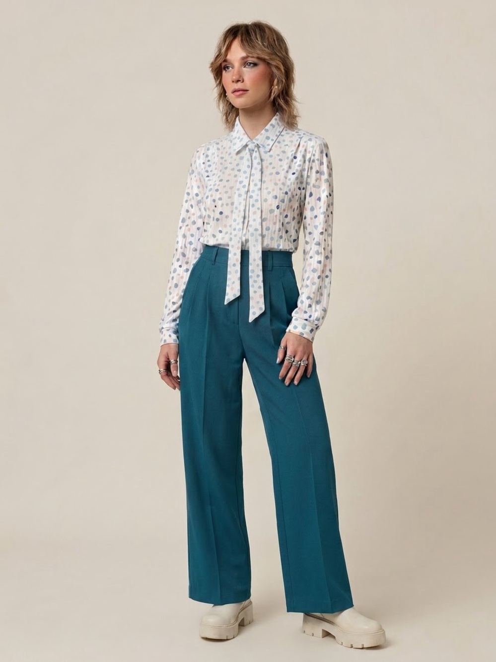 Vintage 70s Graff Californiawear Tie Neck Blouse Abstract Polka Dot Secretary L